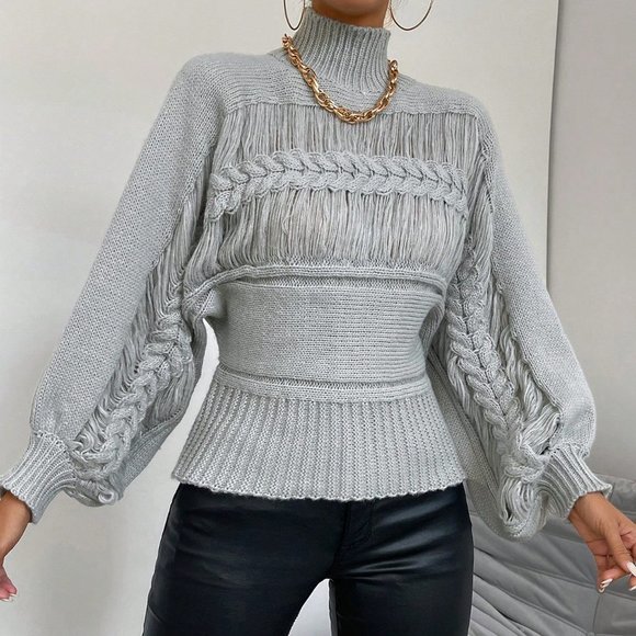 Grey Casual Womens Mock Neck Cable Knit Lantern Sleeve Ripped Sweater - Picture 3 of 7